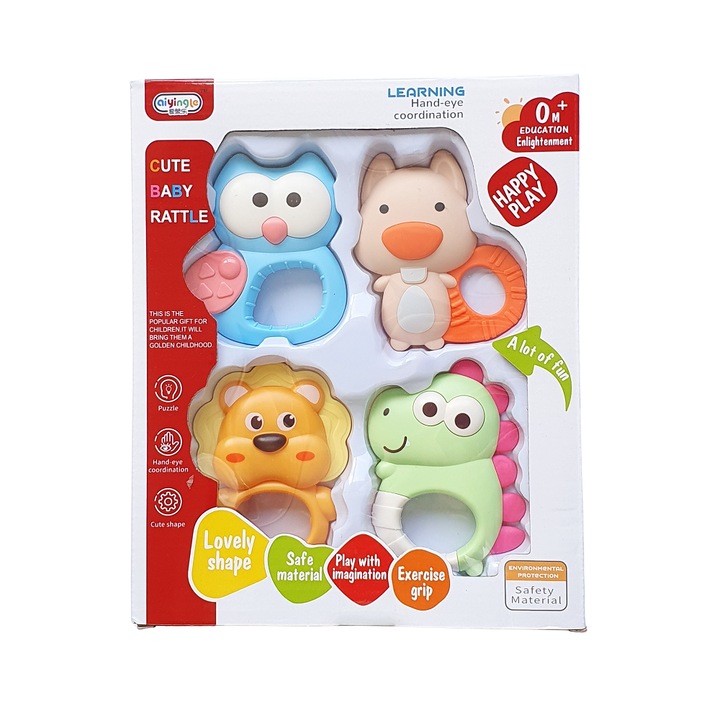 Set 4 Jucarii Interactive pentru Dentitie si Motricitate cu Sunatori Senzoriale, + 3 luni