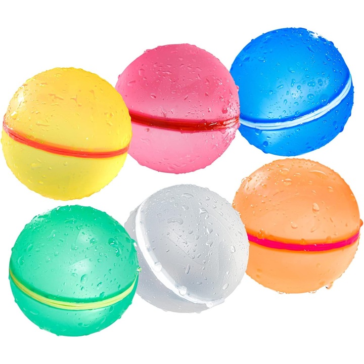 Комплект от 6 силиконови топки, AB Luxury Concept®, тип воден балон, магнитно затваряне, за многократна употреба, бързо пълнене, за водни игри, многоцветни, 7 см