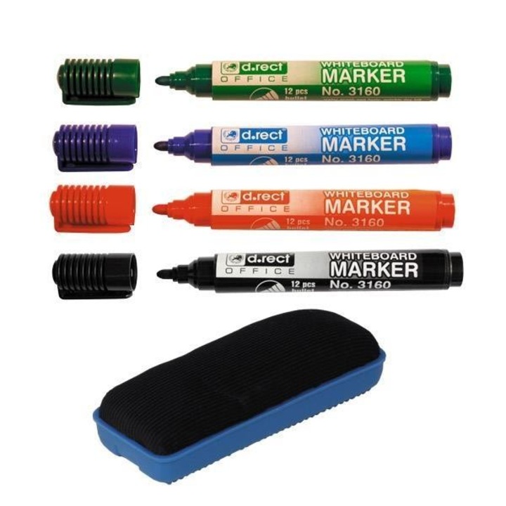 Set markere D.RECT, 4 culori, cu burete magnetic, blister