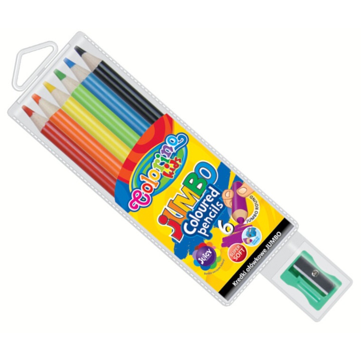 Set creioane colorate, Jumbo, Colorino Kids, 6 culori, cu acutitoare, multicolor, 3 ani+