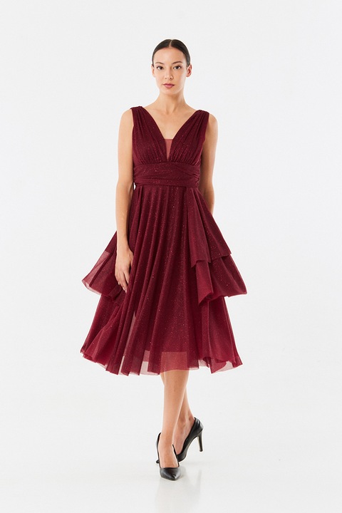 Rochie de seara culoarea bordeaux cu reflexe argintii, decoltata in V fata spate, marimea XL INTL