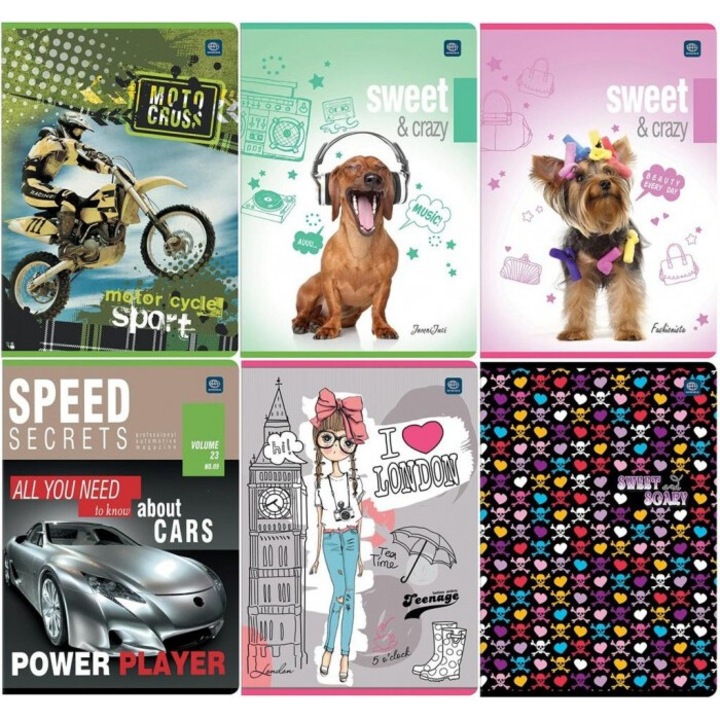 Set 20 Caiete A5 Interdruk, 16 file, colturi rotunjite, mix modele, 212x156 mm