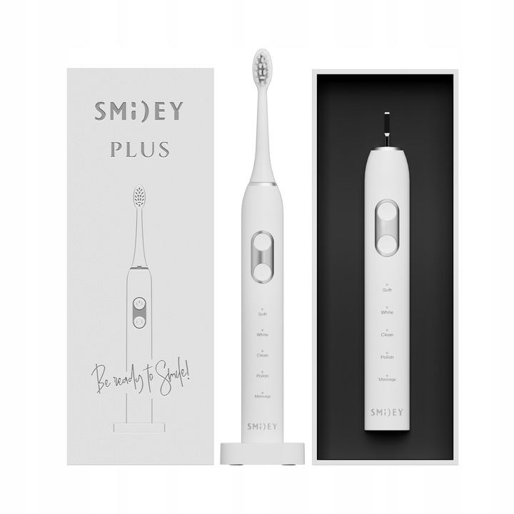 Periuta Dinti Electrica Sonica, Smiley, Baterie Litiu-Ion Durabila, Maner Rezistent La Apa IPX7, 5 Moduri De Functionare, Alb