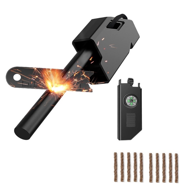 Set supravietuire, 4-in-1 cu busola si fluier, negru, include 10 fitile cerate