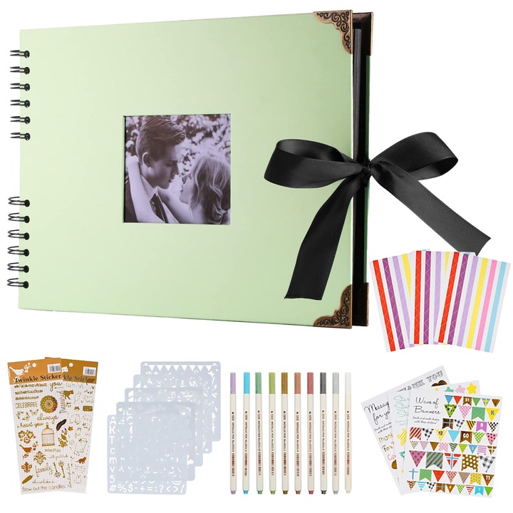 Set album foto creativ WALALLA, carton/metal, capacitate 160 poze, verde, 290x215mm