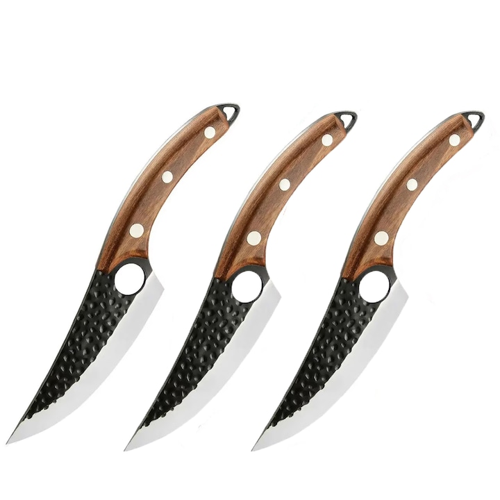 Set 3 cutite Japoneze profesionale Aurov®, Forjate Manual, Lux, din Otel Inoxidabil, Universale, 27.5 cm, Manere Lemn Maro, Huse din Piele Ecologica incluse