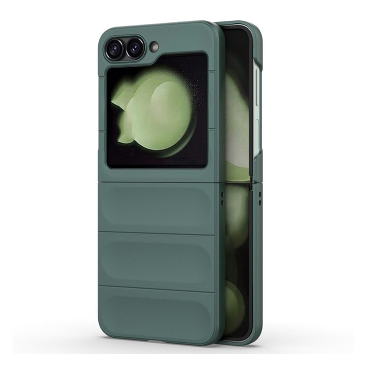 Szilícium puffer tok mikroszálas Samsung Galaxy Z Flip6 / Flip 6 telefonhoz, OPTIM MEGOLDÁS, Katonai szintű ellenállás, Ujjlenyomat-mentes, Rugalmas TPU, Ergonomikus kialakítás, Zöld