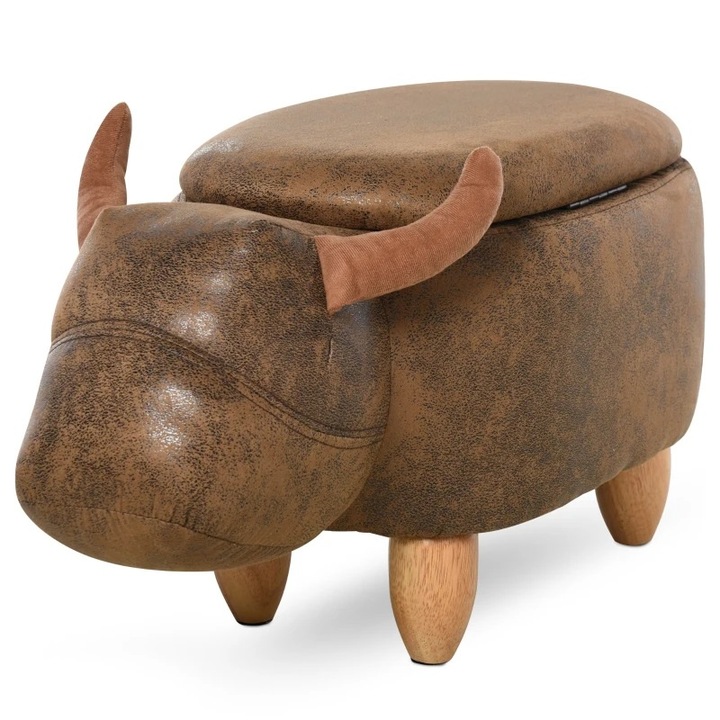 Pouf Cutie Suport pentru picioare in Forma de Bivol Capitonat, Homcom, Lemn, 62x35x36cm, Maro