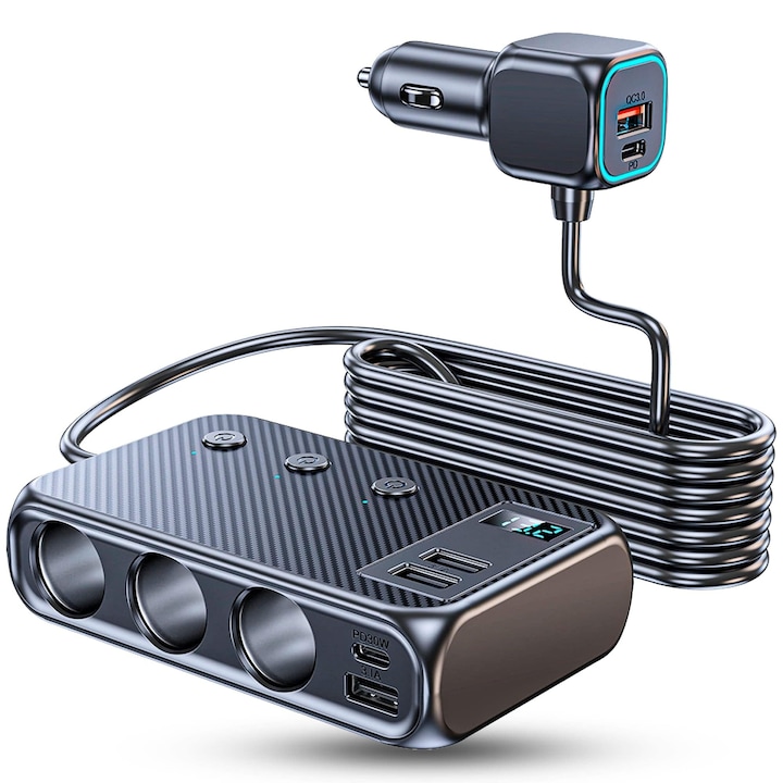 Adaptor Priza Auto Timebox, Incarcator Masina 9 In 1 Multiplicator 171W, 3 x Soclu 12V/24V, 4 x USB Q.C 3.0, 2 x Type-C, Afisaj LED Voltaj, Fast Charge, Compatibil Telefon, Tableta, Laptop, GPS, Camera DVR, Protectie Inteligenta, Design Compact Negru