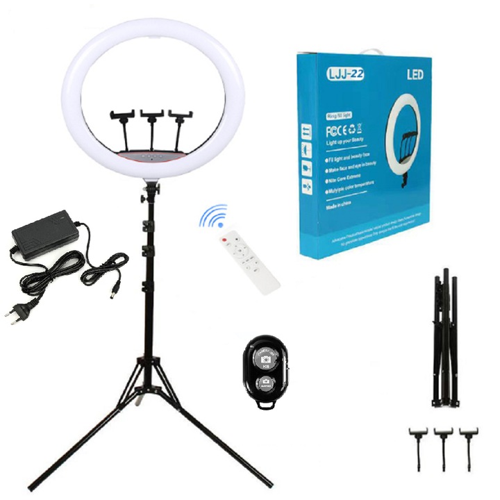 Ring Light LED 56cm/22inch, 3 fénymód, 10 beállítási fokozat, 3 telefontartó, szelfi távirányító, 210cm-es állvány tartalmazza