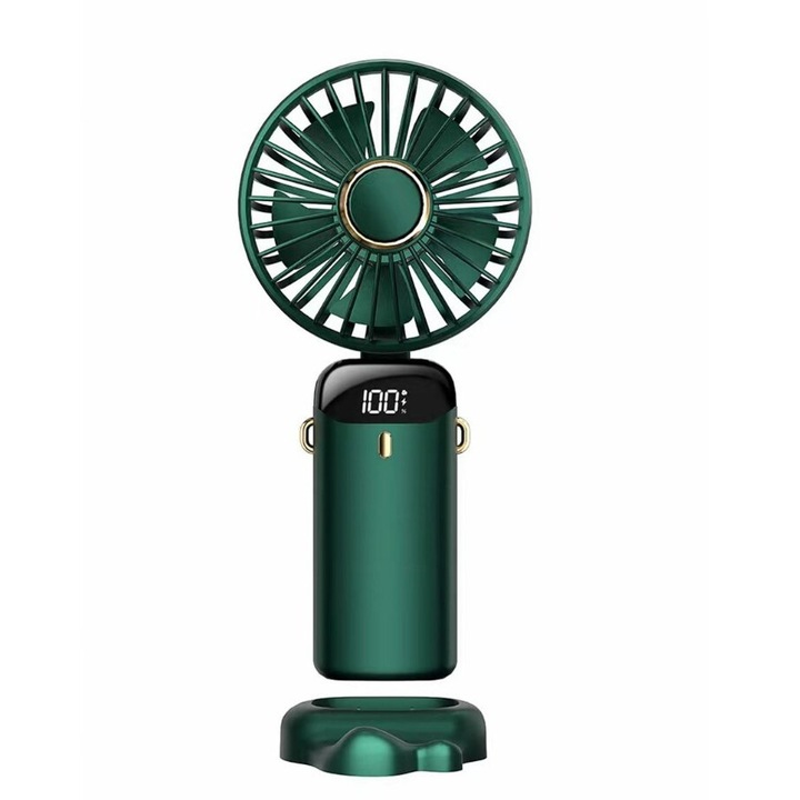 Вентилатор, Сгъваем, преносим, електрически, зареждащ се през USB, интелигентен цифров дисплей, зелен