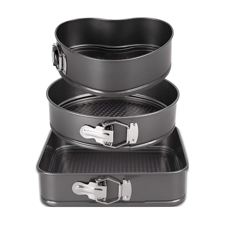 Set 3 tavi pentru Copt, Forma Inima/Rotunda/Patrata, cu Baza Detasabila, 24/26/28 cm, Negru, Fund Detasabil, Suprafata Antiaderenta, Calitate Premium, ALMK™