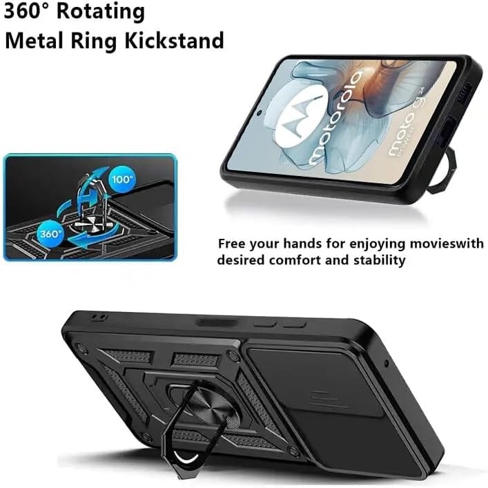 Husa pentru Motorola Moto E14 Ring Armor Kickstand Tough Rugged Cover cu protectie camera negru