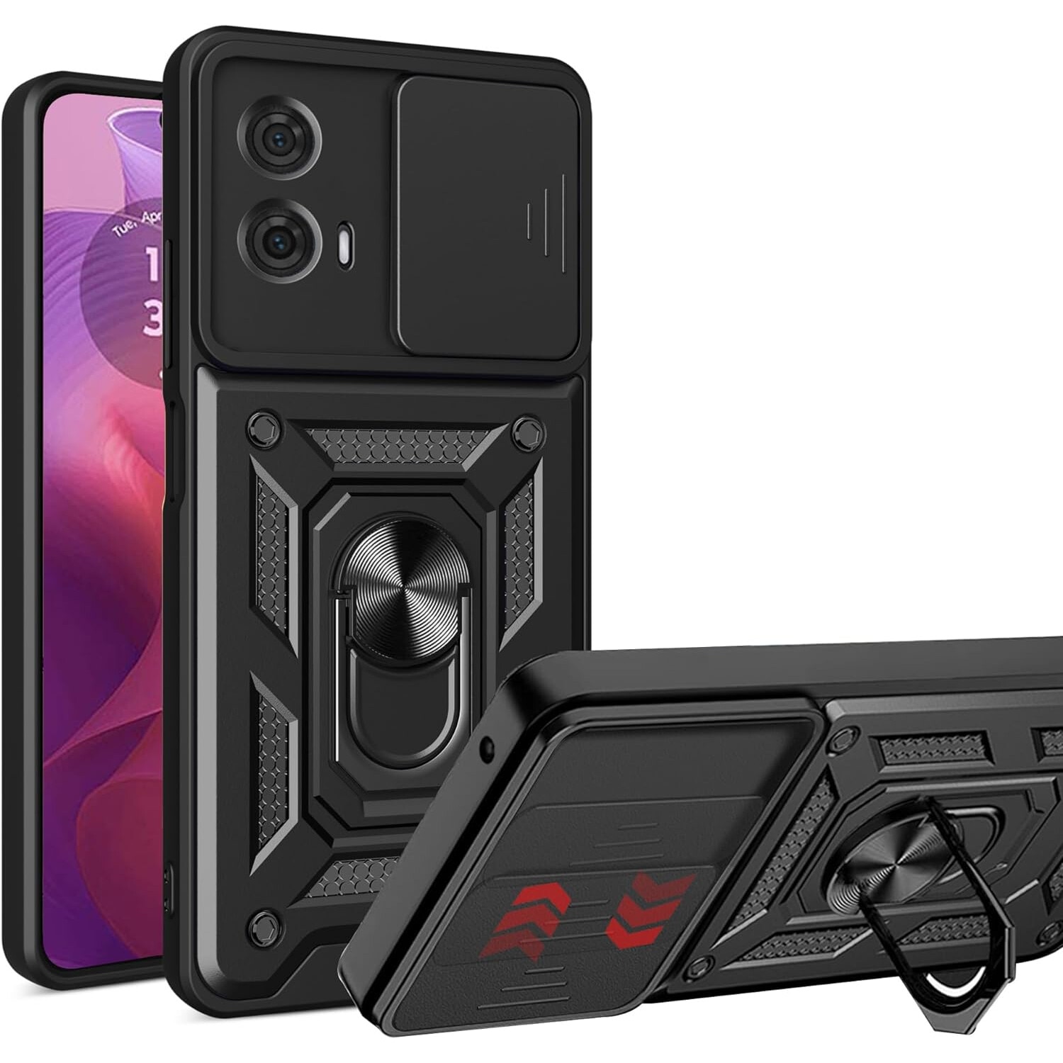 Husa pentru Motorola Moto E14 Ring Armor Kickstand Tough Rugged Cover cu protectie camera negru