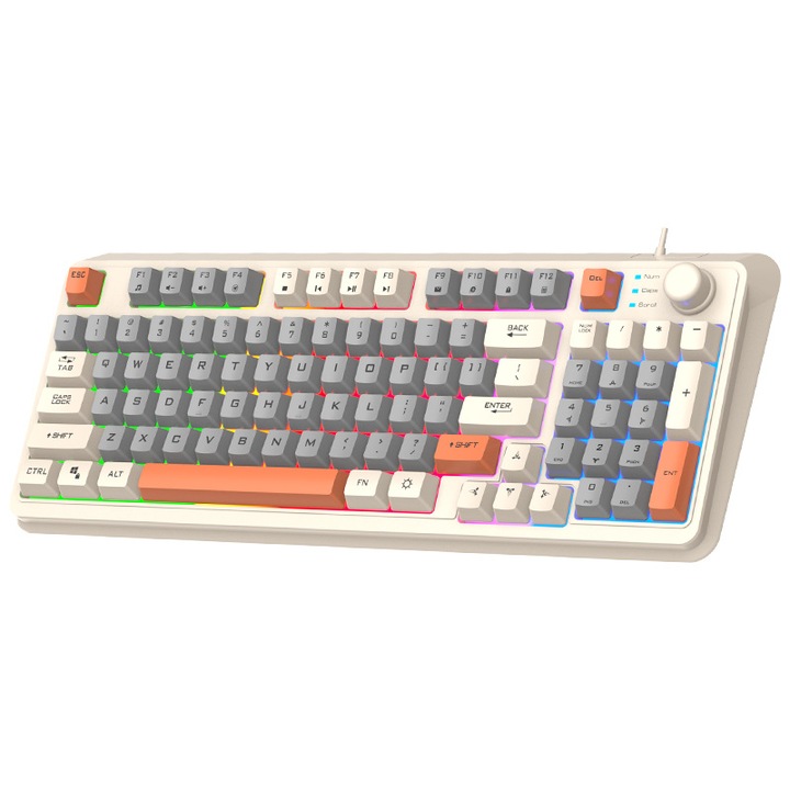Tastatura de calculator, aspect minimalist cu 94 de taste, efecte luminoase in culori mixte, buton de volum, suport reglabil, conexiune USB
