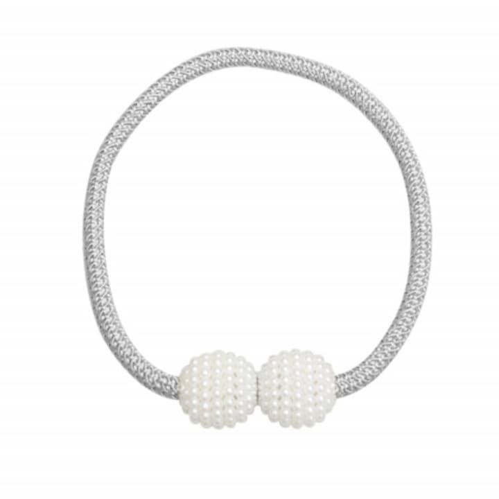 Magnet decorativ pentru perdele si draperii, catarama cu perle si curea cu textura tesuta, poliester, 48 cm, argintiu, Dactylion®