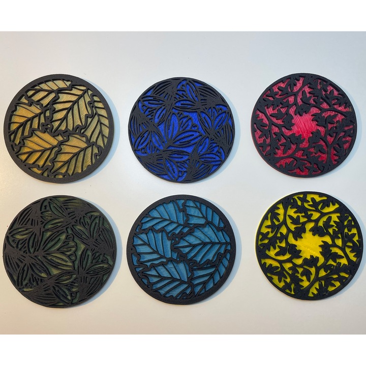 Set 6 suporturi / coastere pahare, diametru 9 cm, negru / multicolor, cutie inclusa, imprimate 3D, model 3001