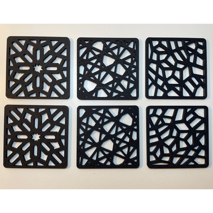 6 db pohártartó/alátét készlet, 9 x 9 cm, fekete, dobozzal, 3D nyomtatott, 3003-as modell