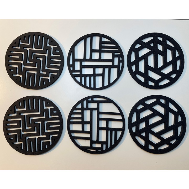 6 db pohártartó/alátét készlet, 9 cm átmérőjű, fekete, dobozzal, 3D nyomtatott, 3005-ös modell