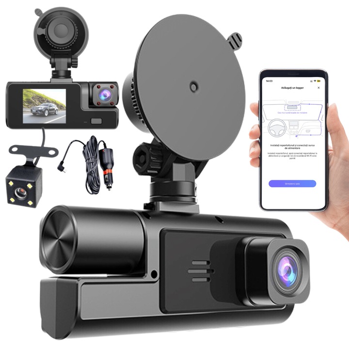 MOGODA® WiFi тройна камера за таблото на колата, Full-HD 1080P+480P+480P, Ъгъл на заснемане 170° отпред +120° отвътре +120° отзад, Резолюция 1920x1080, Приложение Viidure, Нощно виждане, регулируем G-сензор, WDR, Гланцово черно