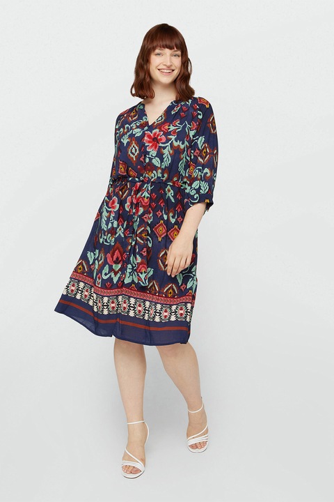 Fiorella Rubino, Rochie cu imprimeu floral si maneci 3/4, Caramiziu/Bleumarin, 46