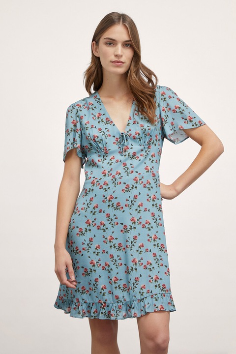 Motivi, Rochie mini evazata cu decolteu in V, Rosu stins/Albastru deschis