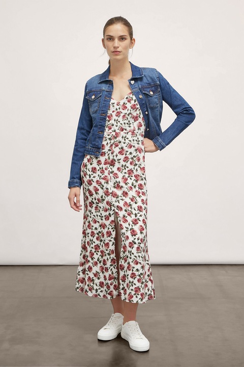 Motivi, Rochie cu imprimeu floral si slit frontal, Alb, Rosu stins, 42