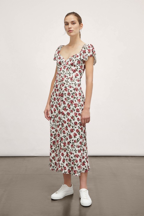 Motivi, Rochie cu imprimeu floral si slit frontal, Alb, Rosu stins, 42