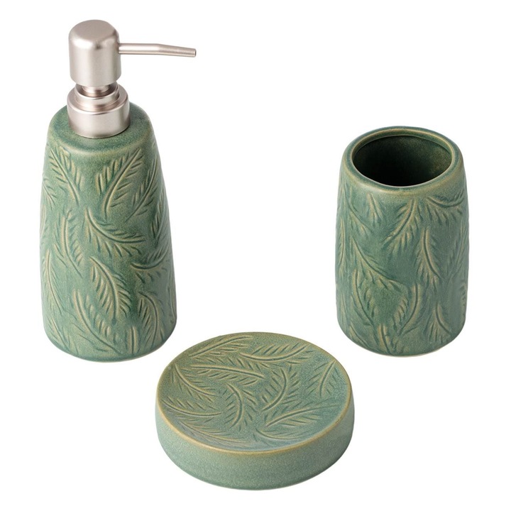 Készlet Baie Ceramic, 3 részes, mentazöld, levélmintás, MYONNA IT & E- COMMERCE ®