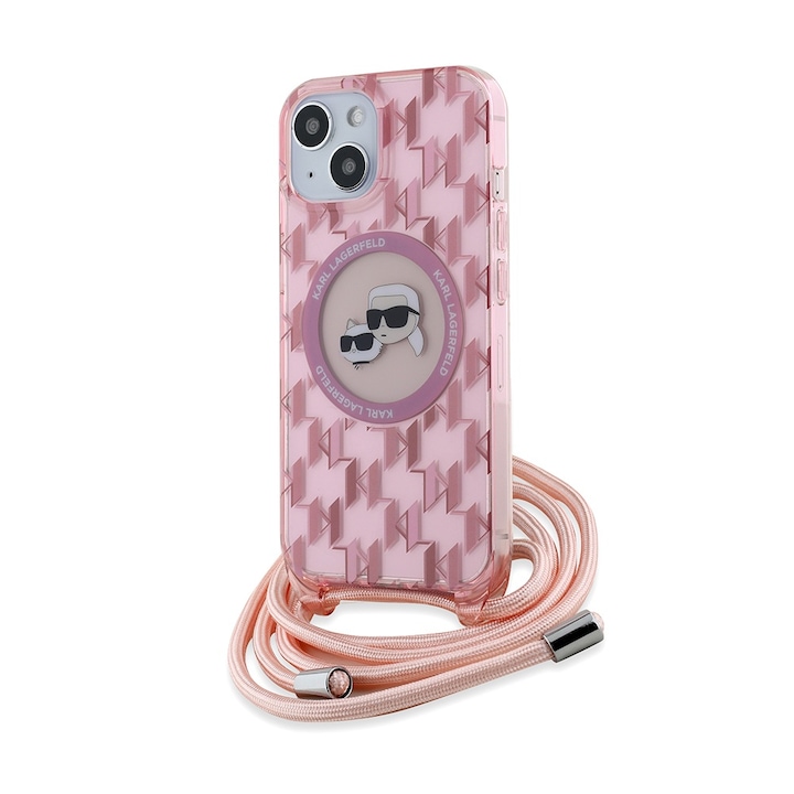 Tok iPhone 15 / iPhone 14 / iPhone 13 telefonokhoz - Karl Lagerfeld IML Crossbody MagSafe (KLHMP15SHCKCKLCP) - Pink Mono Karl&Choupette Head