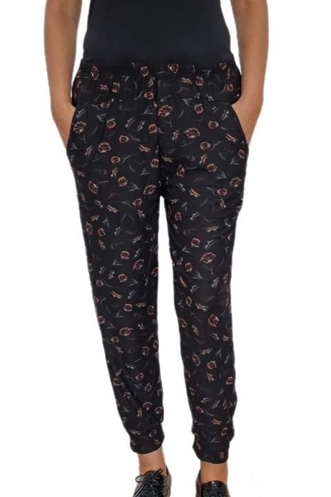 Pantaloni dama, subtiri, de vara, motiv floral 1, Negru/Roz, 4XL-5XL