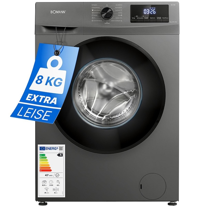 Masina de spalat rufe Bomann, WA7185GR, capacitate 8 kg, clasa A, 15 programe, consum redus, 1400 rpm, afisaj LED, 6 trepte temperatura, protectie la preaplin, clatire suplimentara, pornire intarziata, control spuma, control balans cuva, antracit