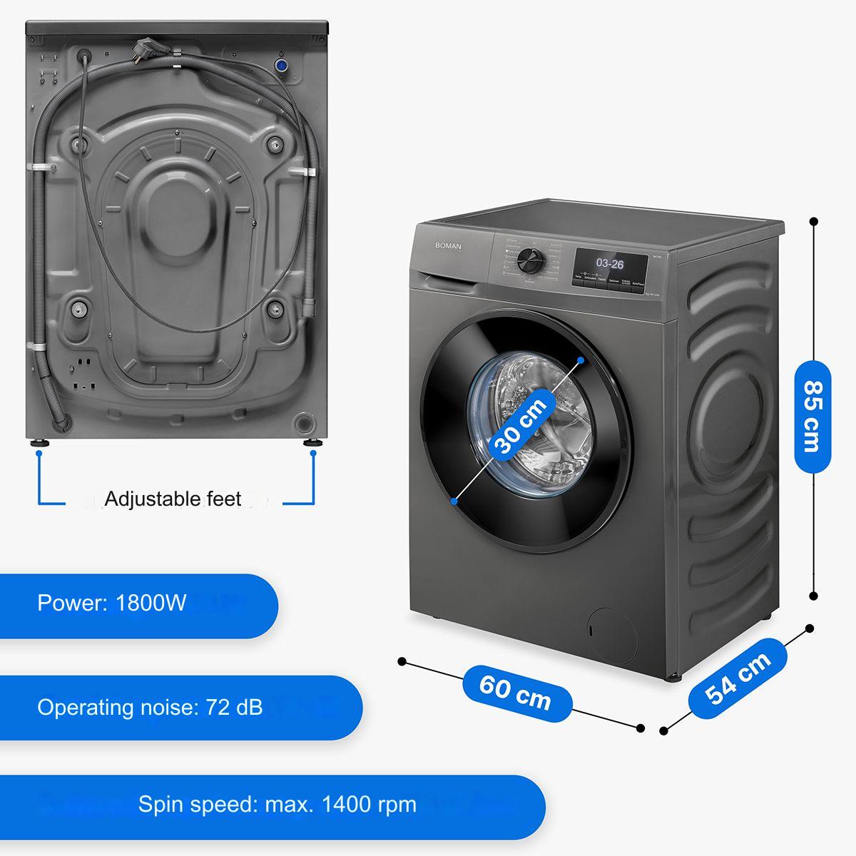 Masina de spalat rufe Bomann, WA7185GR, capacitate 8 kg, clasa A, 15 programe, consum redus, 1400 rpm, afisaj LED, 6 trepte temperatura, protectie la preaplin, clatire suplimentara, pornire intarziata, control spuma, control balans cuva, antracit