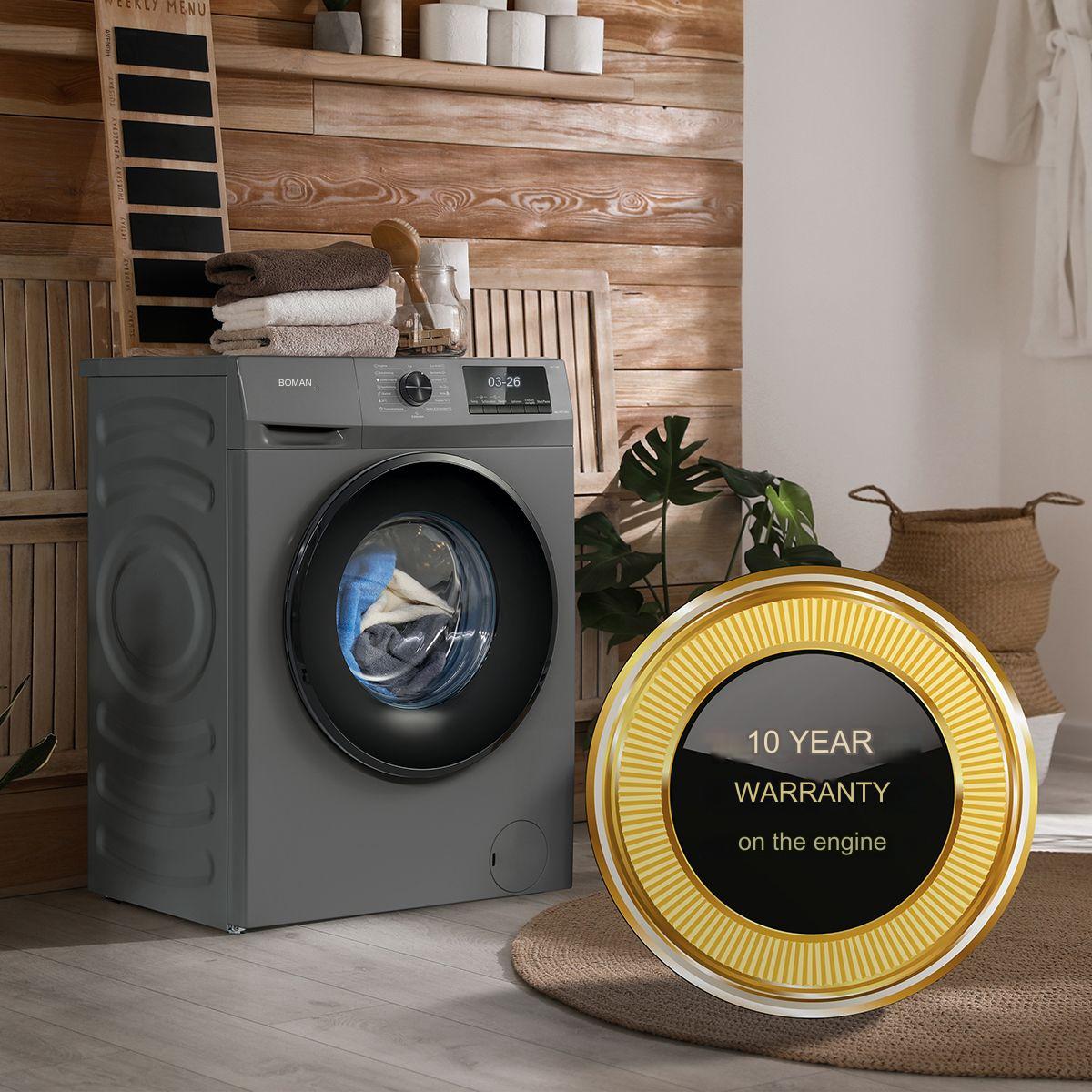 Masina de spalat rufe Bomann, WA7185GR, capacitate 8 kg, clasa A, 15 programe, consum redus, 1400 rpm, afisaj LED, 6 trepte temperatura, protectie la preaplin, clatire suplimentara, pornire intarziata, control spuma, control balans cuva, antracit