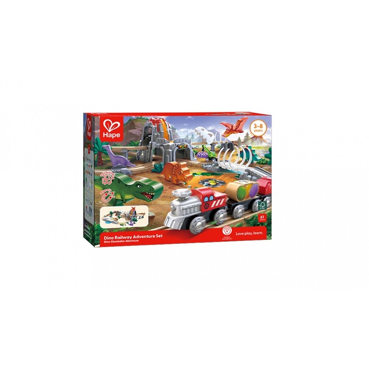 Комплект детско влакче Hape, Dino, дърво, 61 части