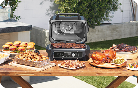 Gratar electric cu functie de afumare Ninja Woodfire Pro Connect XL BBQ Grill OG901, 1700W, 7 programe, placa cu invelis ceramic tip grill 45 x 29 cm, interval de temperatura 40-260°C, albastru 2 res e819c79c302f832f618983c9e5a28186