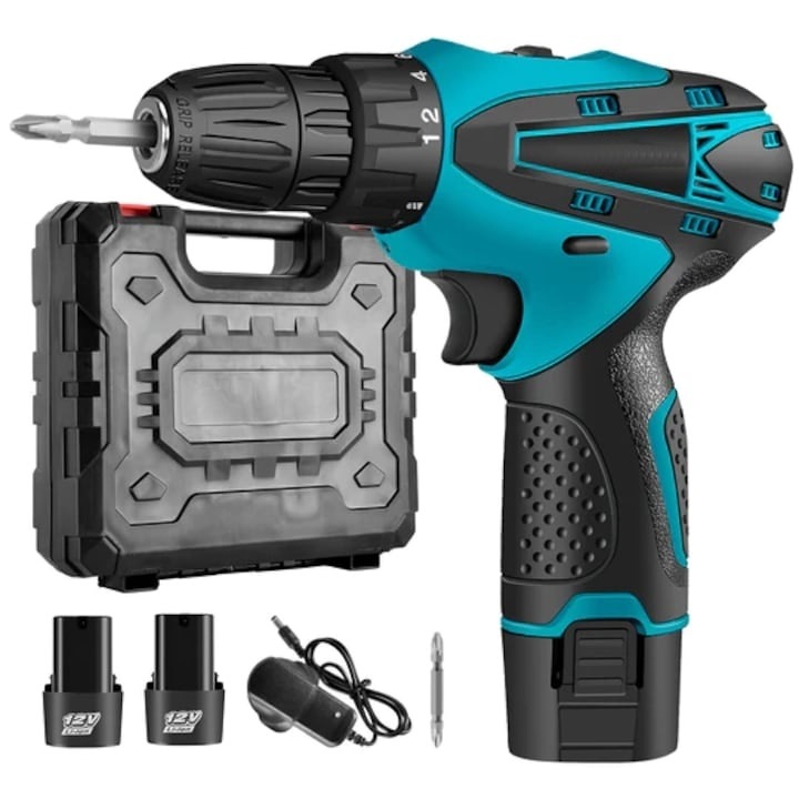 Set bormasina cu 2 acumulatori inclusi, trusa de scule, 1400 RPM, functie revers, maner antialunecare, functie auto-stop, 2 viteze de lucru, negru/albastru