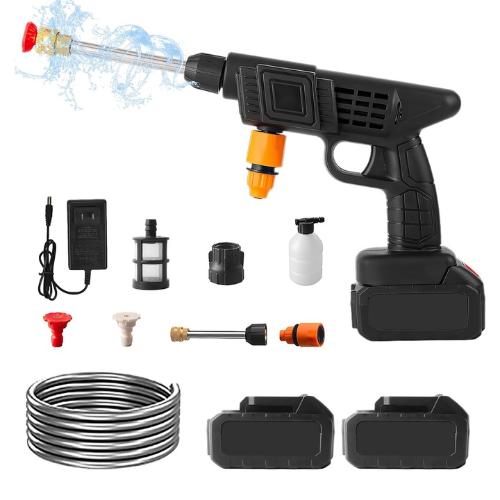 Aparat De Spalat Cu Presiune GREATON Tip Pistol, Doi Acumulatori Reincarcabili, Maner Ergonomic, Recipient Spuma, Filtru, Furtun Incluse, 3 Moduri De Spalare, Geanta De Transport Inclusa, Negru