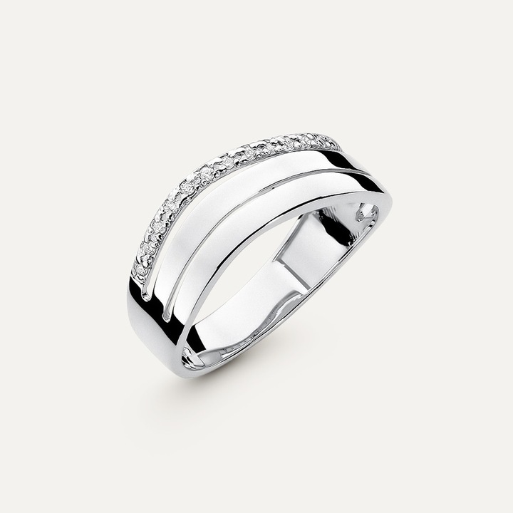 Златен пръстен, тройна лента с диаманти - Модерен, 585 жълт, Сребрист