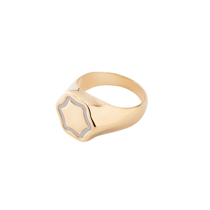 Inel cu sigiliu floare de argint cu rasina alba acoperit cu aur - marimea 19 | Φ18,67MM