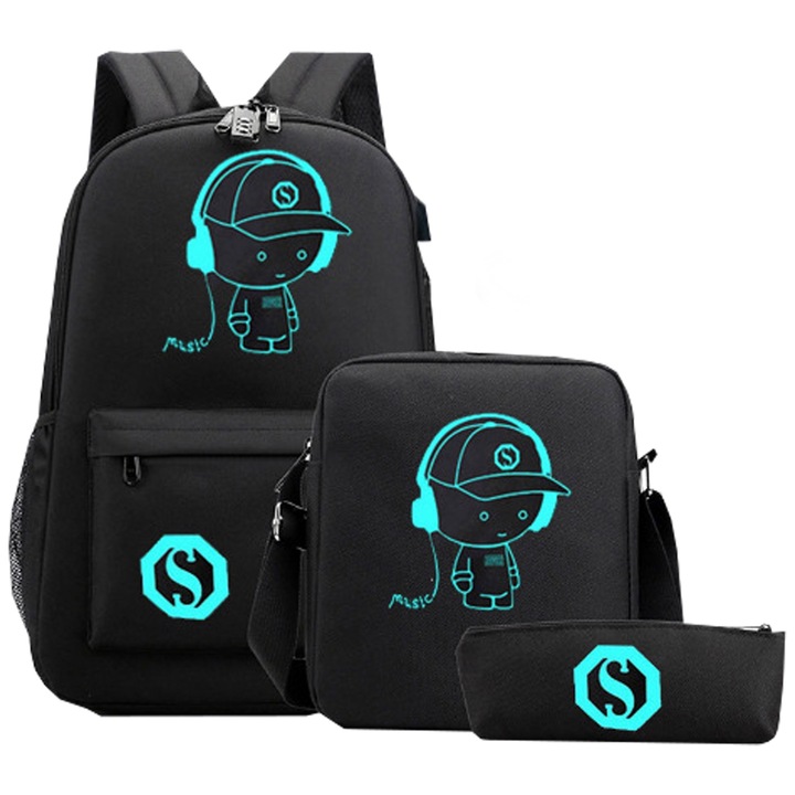 Set 3 in 1 Ghiozdan scoala, penar, geantuta umar, imprimeu fosforescent, 48x30x18 cm, Negru