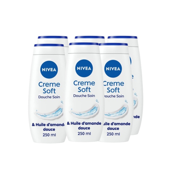 Комплект от 6 NIVEA Cream Soft Shower Gel, душ крем, обогатен с масло от сладък бадем, с лек аромат, овлажняваща и подхранваща грижа за много суха кожа, 250 ml