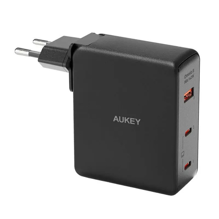 Incarcator retea Aukey PA-B7O, 1xUSB-A, 2xUSB-C, 140W GaN, Negru