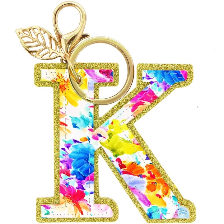 Breloc initiala "K", pandantiv tie-dye, multicolor, 6.8x9.9cm