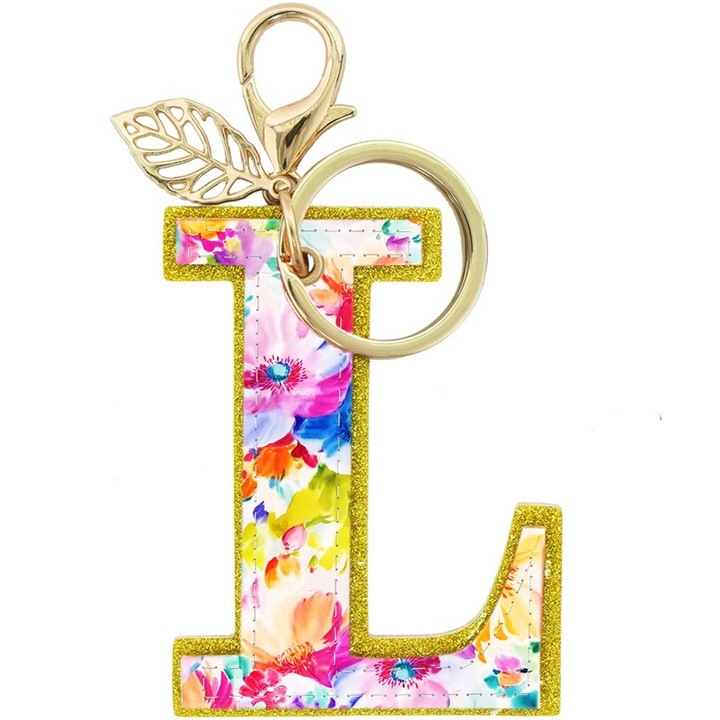 Breloc initiala "L", pandantiv tie-dye, multicolor, 6.8x9.9cm