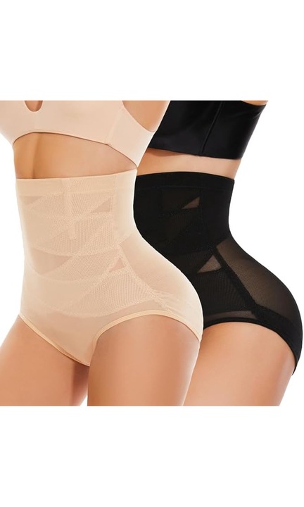 Set 2 chiloti modelatori cu talie inalta, JENUOS®, compresie si efect de lifting al feselor, dama, microfibra, material respirabil, L, Negru/Bej