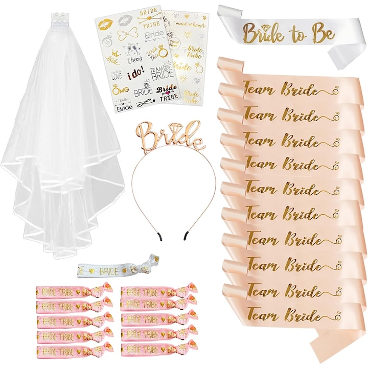Kit 26 accesorii Bride to Be, JENUOS®, Textil, Satin, 156*9.5cm, Multicolor