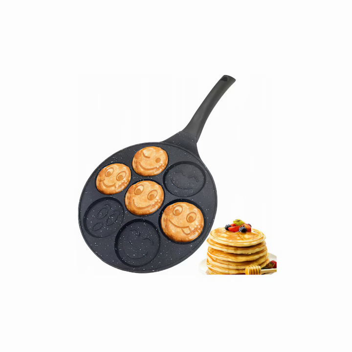 VarioShop, Тиган за палачинки със 7 форми Smile Pancakes, Диаметър 26 см, 7 зони за готвене, Изработен от незалепваща стомана, Керамично покритие, Съвместим с индукционни, електрически, керамични и газови котлони, Размери 46, 5 x 26 x 1, 5 см, черен