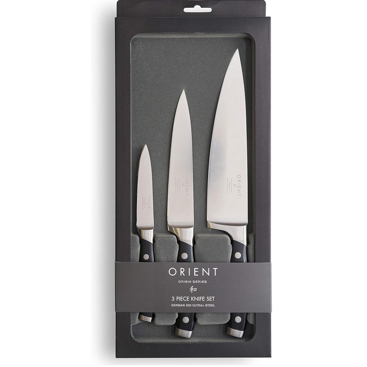 Комплект кухненски ножове Orient, Origin Series, 3 части, премиум, немска неръждаема стомана X50 Ultra+, черни