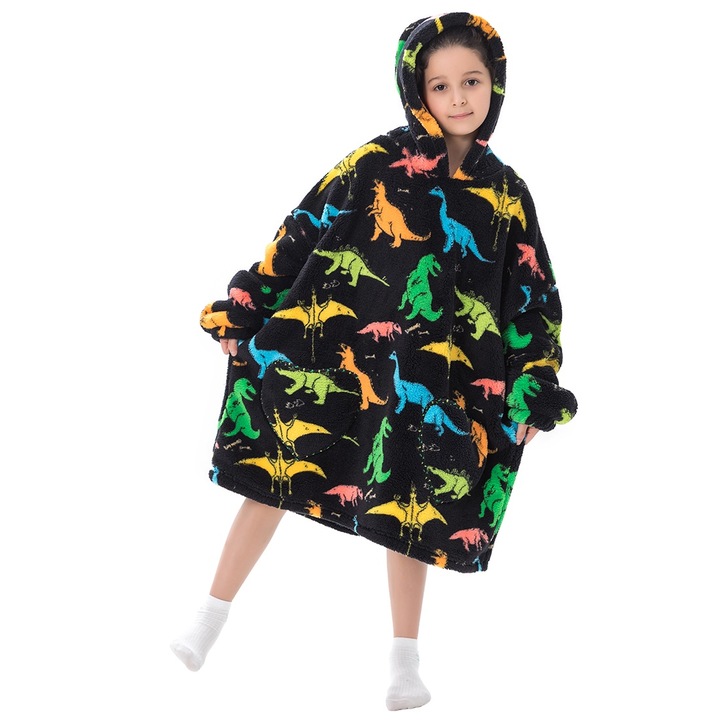 Patura de imbracat DOUUCO, model cu dinozauri multicolor, flanel, 75x65cm, pentru copii